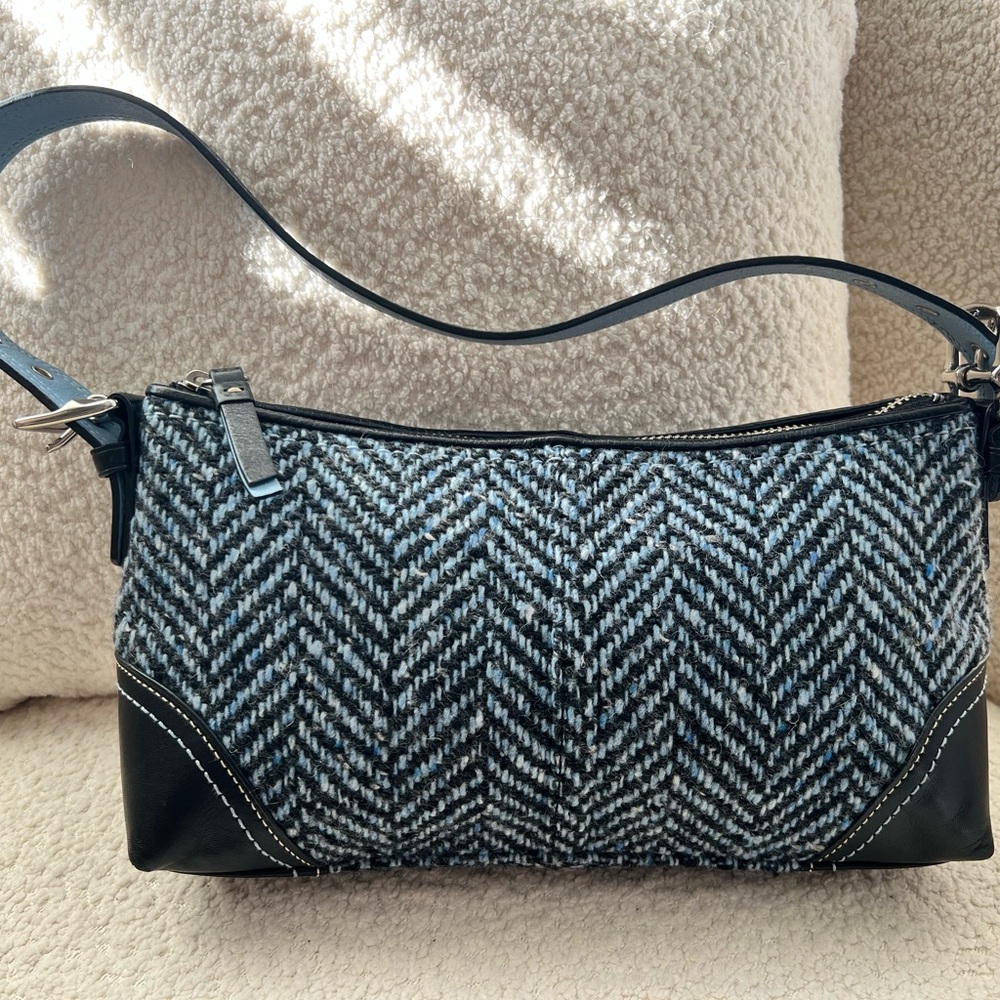 Vintage Coach Hampton Herringbone Zip Top Demi Bag Blue Tweed Y2K